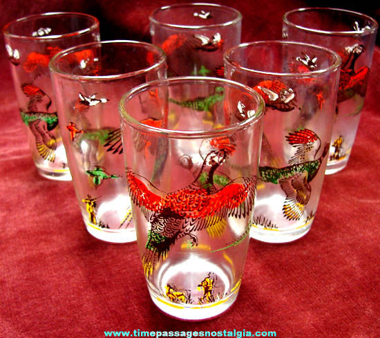 (6) Small Colorful Old Hunting Scene Juice Drink Glasses