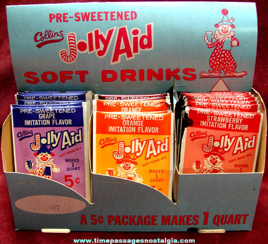 Old Collins Jolly Aid Soft Drink Store Display With (21) Packets