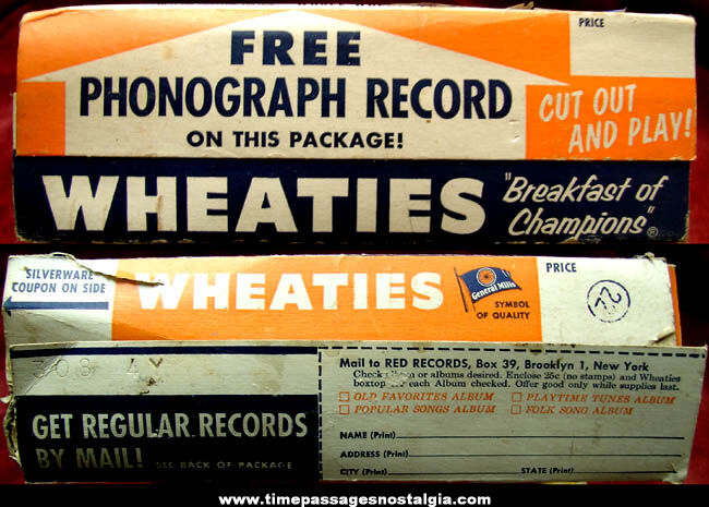 Complete 1950s Wheaties Cereal Record Box With Mail Away Premium Records