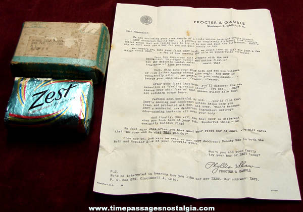 Old Unopened Proctor & Gamble Zest Soap Sample with Letter & Mailer Box