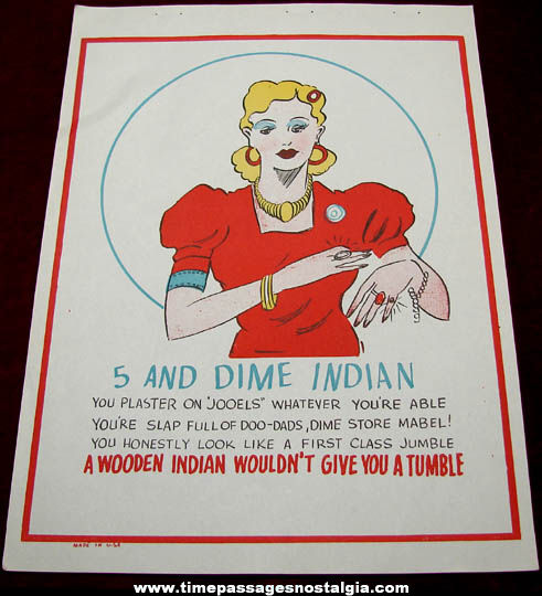 Old Salesman Sample Five and Dime Indian Comic Valentine