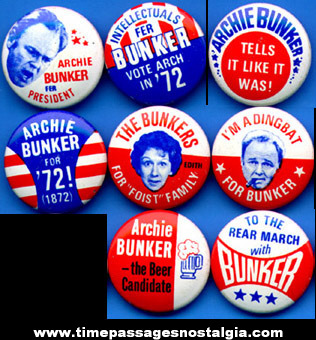 (8) Different 1972 Archie Bunker Gum Ball Machine Prize Political Pin Back Buttons