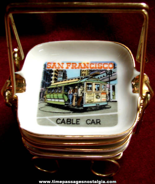 Set of (4) Old San Francisco California Souvenir Ashtrays With Holder