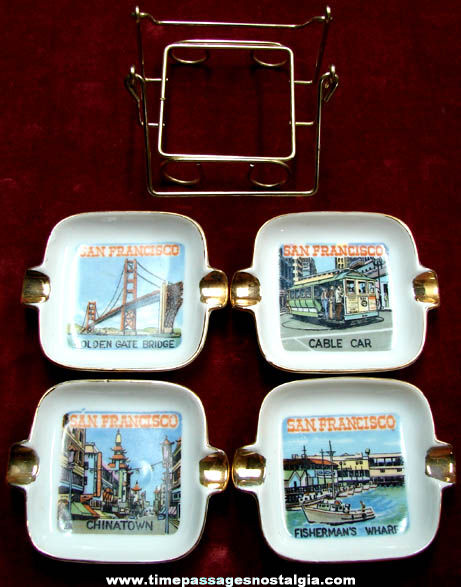 Set of (4) Old San Francisco California Souvenir Ashtrays With Holder