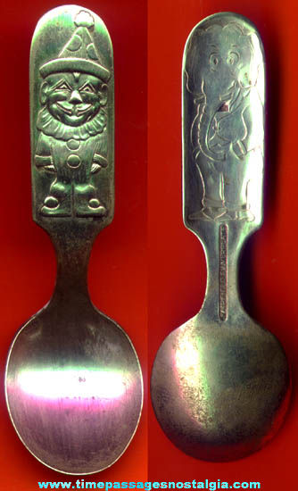 Small Old Circus Clown & Elephant Childrens Silver Plate Character Spoon