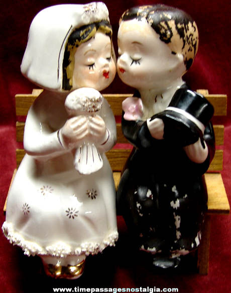 Old Glazed & Painted Bride & Groom Salt & Pepper Set With Bench