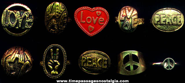 (10) Old Metal Peace & Love Gum Ball Machine Prize Toy Rings