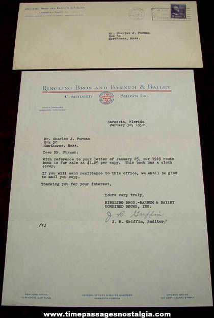 1950 Ringling Bros. and Barnum & Bailey Circus Letter and Envelope