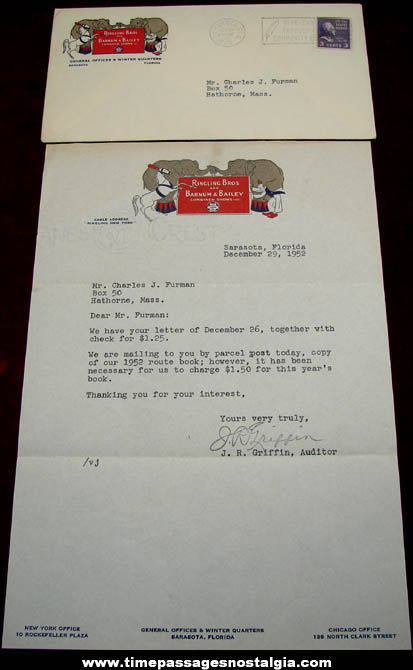 1952 Ringling Bros. and Barnum & Bailey Circus Letter and Envelope