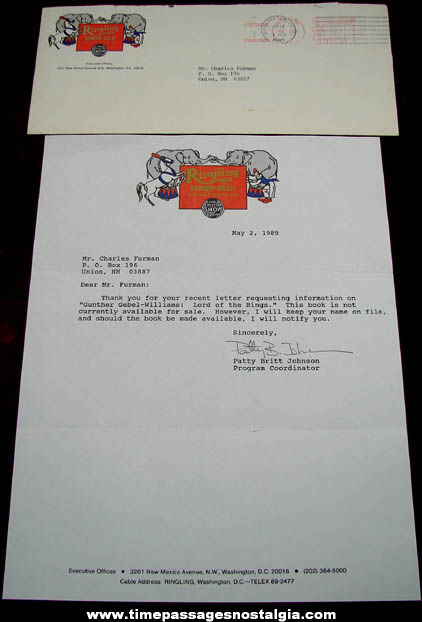 1989 Ringling Bros. and Barnum & Bailey Circus Letter and Envelope