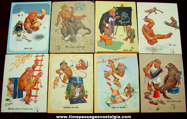 (8) Colorful Old Lawson Wood Comical Monkey Art Print Cards