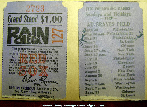 (2) 1932 Boston Red Sox Baseball Ticket Stubs & More