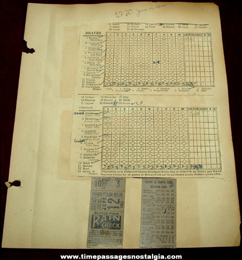 (2) 1932 Boston Braves Baseball Ticket Stubs & More