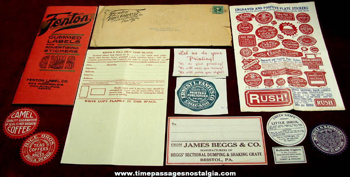 1919 Fenton Advertising Labels Catalog With Samples & Envelope