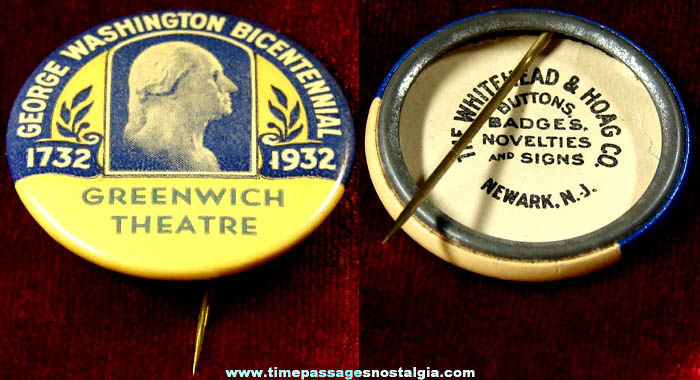 1932 Greenwich Theatre George Washington Bicentennial Celluloid Pin Back Button