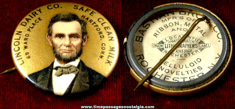 Colorful Old Abraham Lincoln Connecticut Dairy Advertising Celluloid Pin Back Button