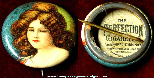 Old Perfection Cigarettes Advertising Premium Pretty Lady Celluloid Pin Back Button