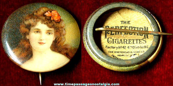 Old Perfection Cigarettes Advertising Premium Pretty Lady Celluloid Pin Back Button