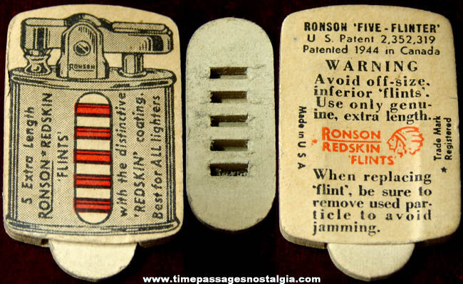 Old Ronson Cigarette Lighter Redskin Flint Paper Advertising Holder
