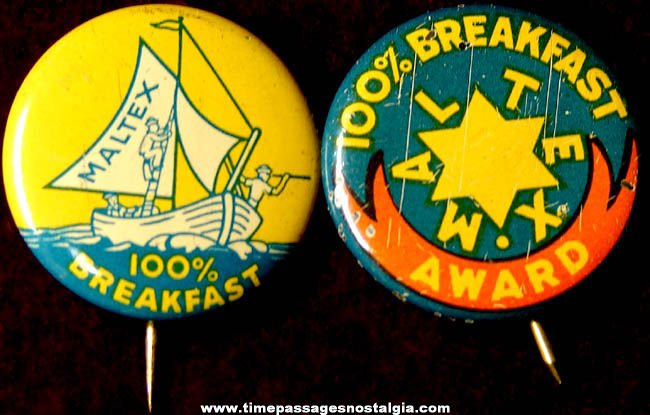 (2) Colorful Old Maltex Cereal Advertising Tin Pin Back Buttons