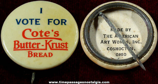 Old Cote’s Butter Krust Bread Advertising Celluloid Pin Back Button