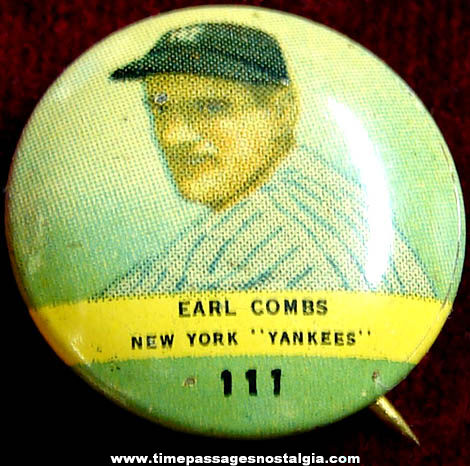 1932 Orbit Gum Earl Combs New York Yankees Baseball Pin Back Button