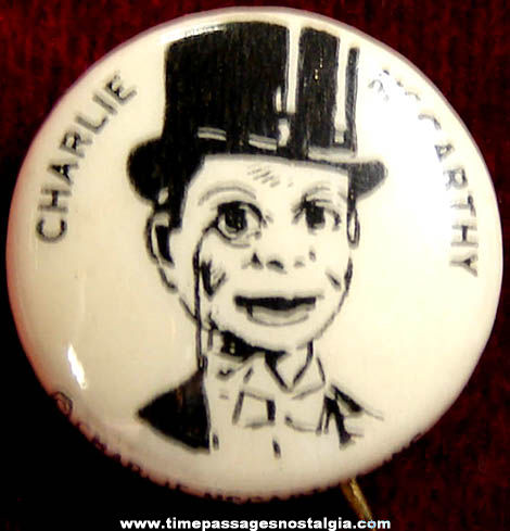 Old Charlie McCarthy Character Celluloid Character Pin Back Button