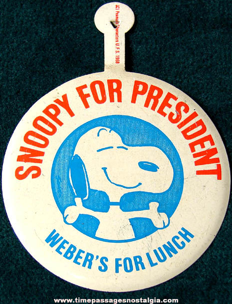 1968 Charles Schulz Peanuts Snoopy For President Tin Tab Button