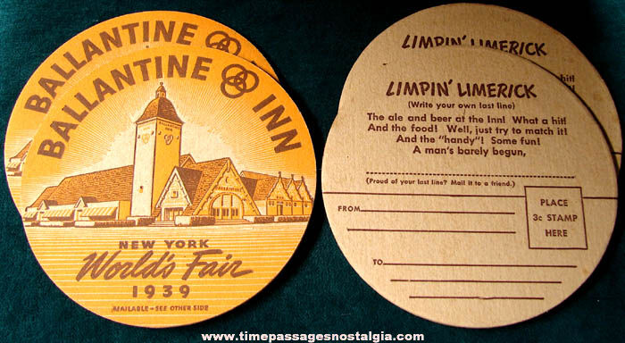 (4) 1939 New York World’s Fair Ballentine Beer Advertising Souvenir Post Card Coasters