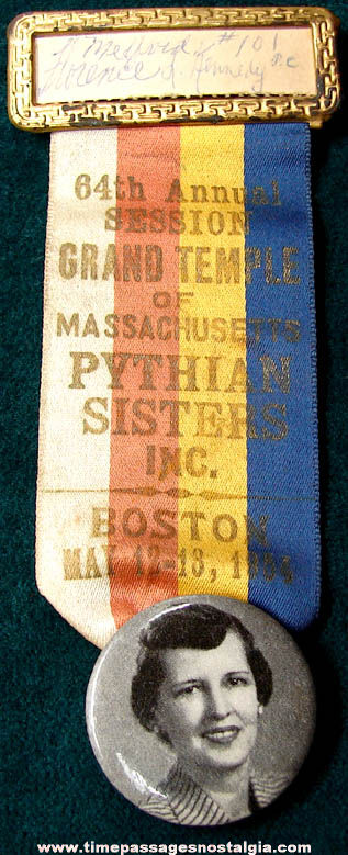 1954 Massachusetts Pythian Sisters Fraternal Organization Ribbon Badge