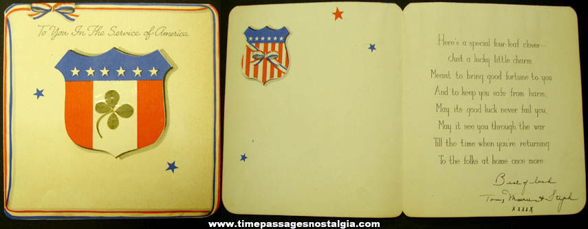 ©1943 World War II United States Serviceman Four Leaf Clover Good Luck Greeting Card