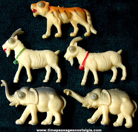 (5) Old Miniature Celluloid Toy Animal Charms With Moving Eyes