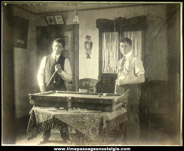 Old Victorian Interior Photograph With Miniature Billiards Pool Table