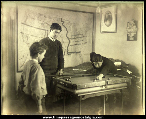 Old Victorian Interior Photograph With Map & Miniature Billiards Pool Table
