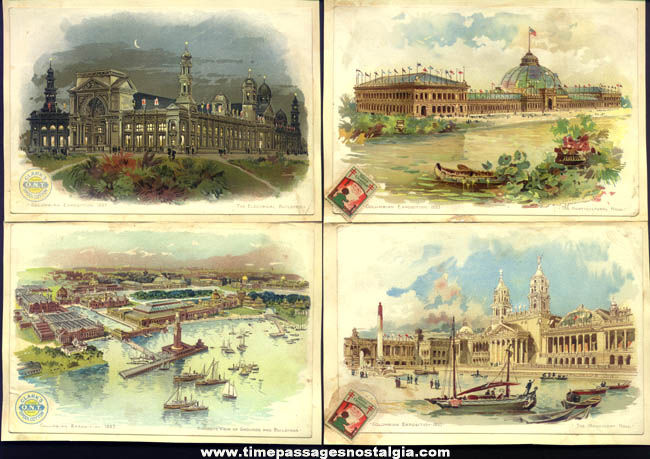 (4) Colorful 1893 Chicago Columbian Exposition World’s Fair Advertising Premium Print Cards
