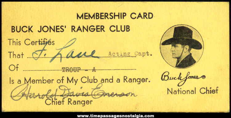 Old Buck Jones Ranger Club Membership Card