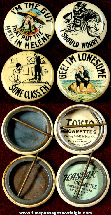 (4) Old Comic Character Cigarette Advertising Premium Celluloid Pin Back Buttons