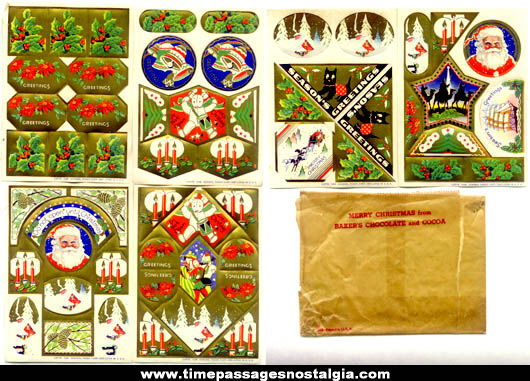 1938 Bakers Chocolate Advertising Premium Christmas Stickers With Envelope