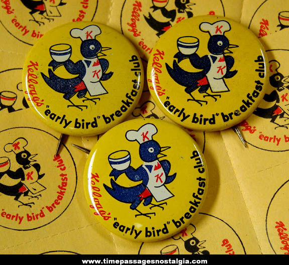 (33) Old Kellogg’s Cereal Early Bird Breakfast Club Advertising Pin Back Buttons & Stickers