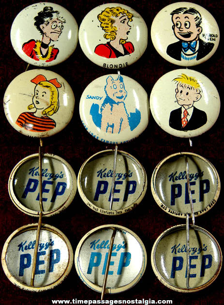 (6) 1940s Kellogg’s PEP Cereal Prize Comic Character Pin Back Buttons