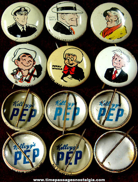 (6) 1940s Kellogg’s PEP Cereal Prize Comic Character Pin Back Buttons