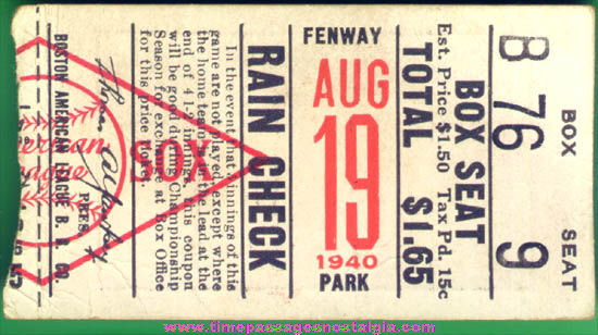 1940 Boston Red Sox Fenway Park Baseball Game Ticket Stub