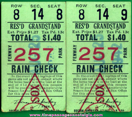 (2) 1942 Boston Red Sox Fenway Park Baseball Game Ticket Stubs