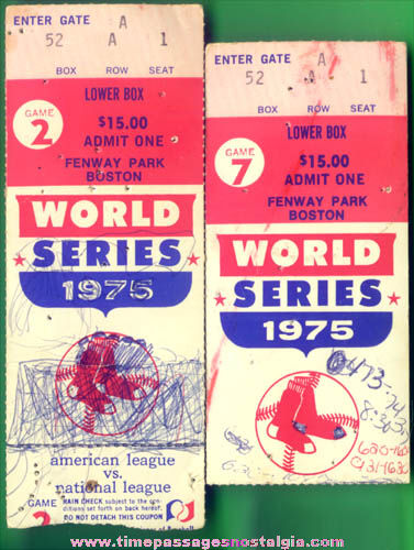 (2) 1975 Boston Red Sox Fenway Park World Series Baseball Game Ticket Stubs