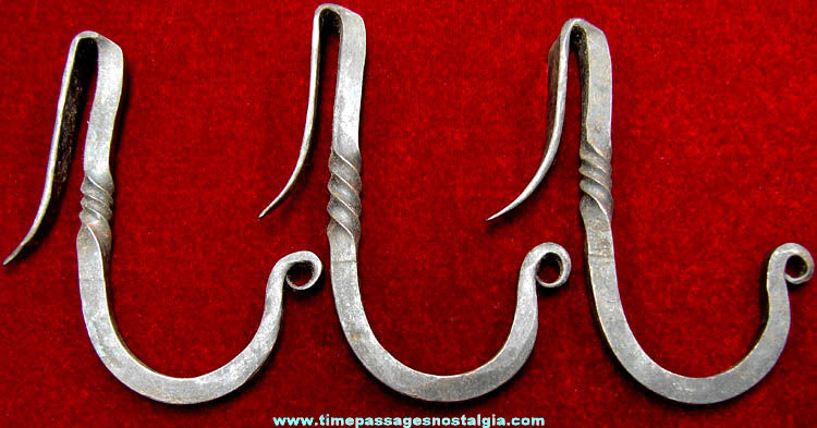 (3) Old Hand Made Wrought Iron Ornate Hooks