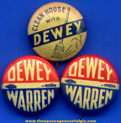 (3) 1948 Thomas Dewey & Earl Warren Political Campaign Pin Back Buttons