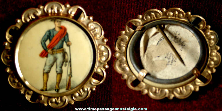 Old Militia Soldier Celluloid Pin Back Button With Brass Frame