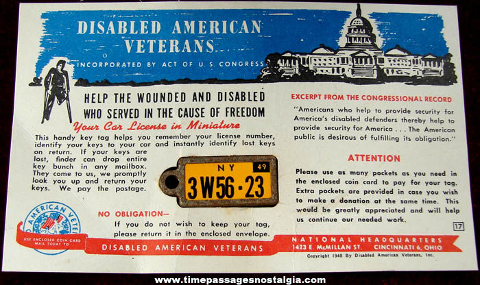 (6) 1948 - 1949 Disabled American Veterans License Plate Charm & Donation Related Items