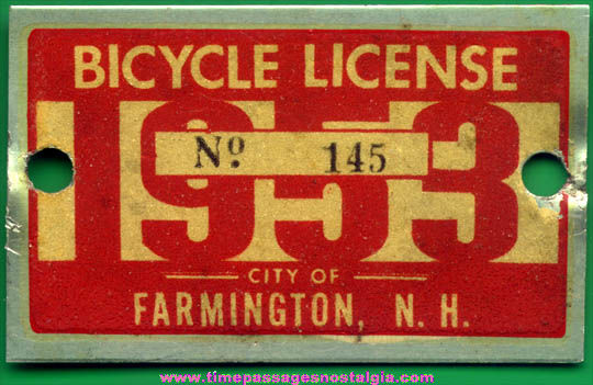 1953 Farmington New Hampshire Bicycle License Plate