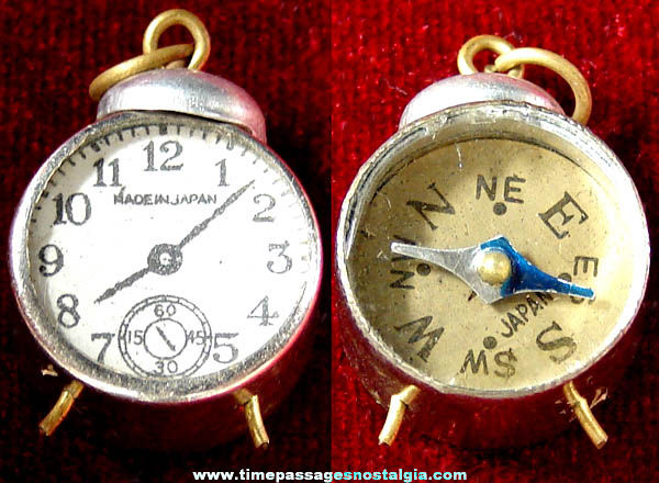 Old Alarm Clock & Compass Jewelry Charm